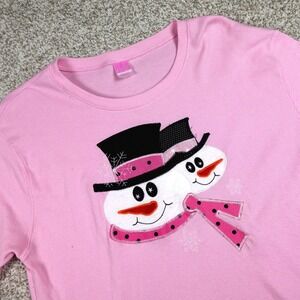 LAT Pink Waffle Knit Snowman Graphic Long Sleeve Thermal Shirt Womens XL